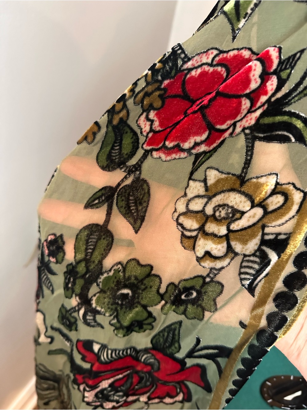 Olive Floral Embroidered Sheer Kimono with Red & Green Accents one size - Picture 6 of 11